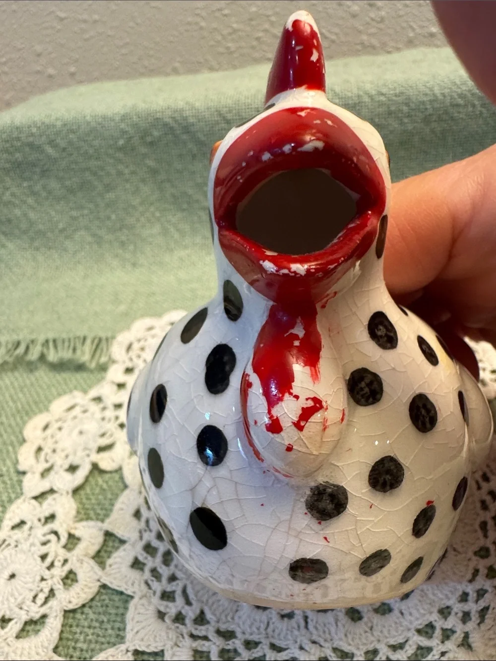 Rustic Lefton Matching Polka Dot Rooster/Chicken Sugar Bowl and Creamer